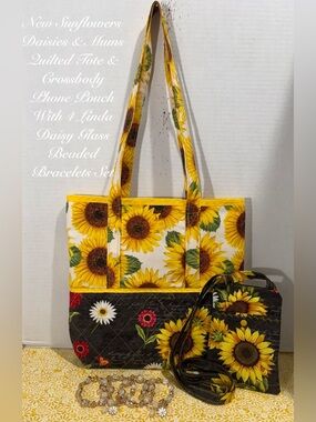 Springtime Sunflowers Daisies Red Mums Quilted Tote & Phone Pouch W/Bracelets 4